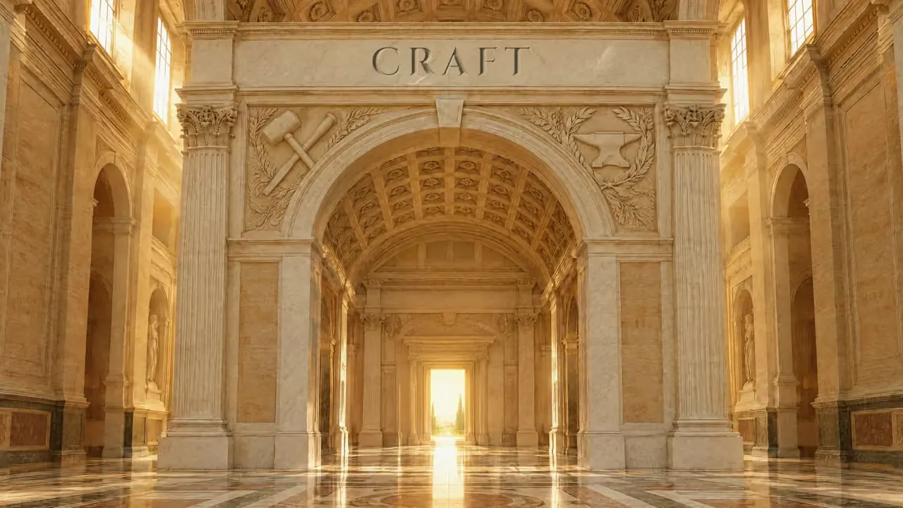 A carved marble archway in the hall, CRAFT cut into its lintel