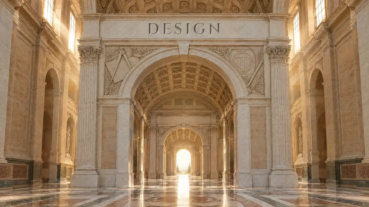 A carved marble archway in the hall, DESIGN cut into its lintel