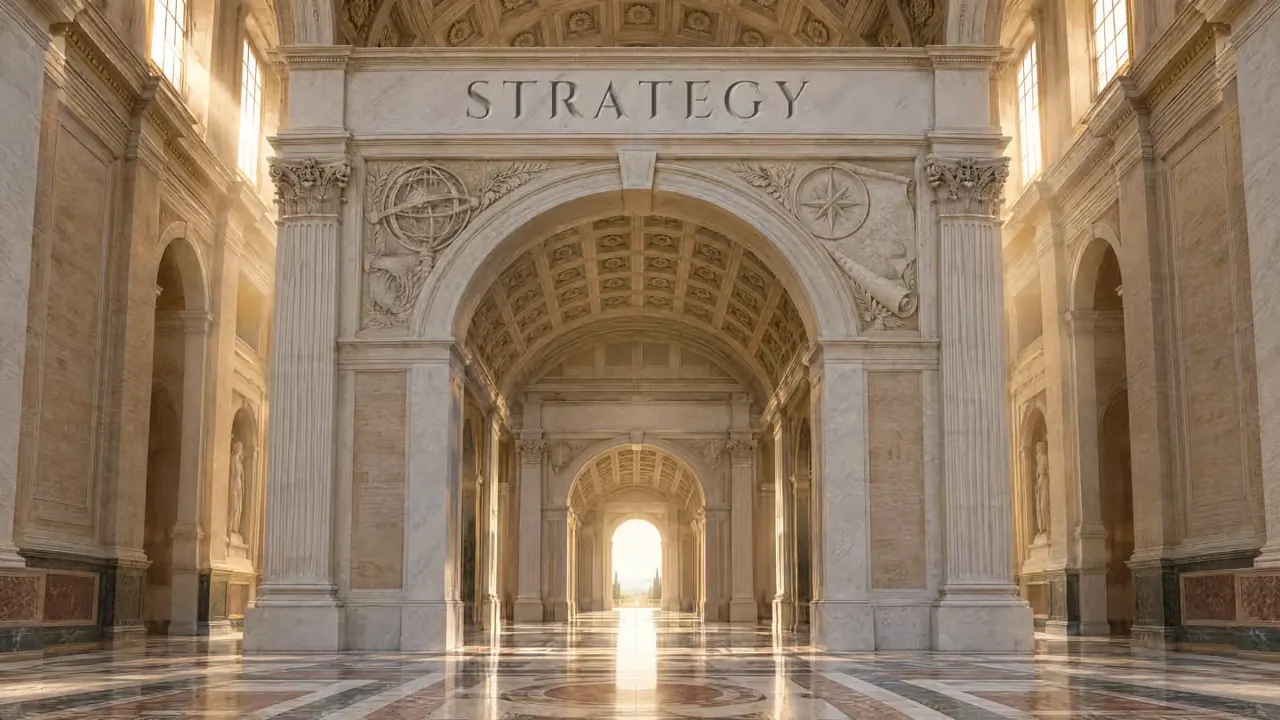A carved marble archway in the hall, STRATEGY cut into its lintel