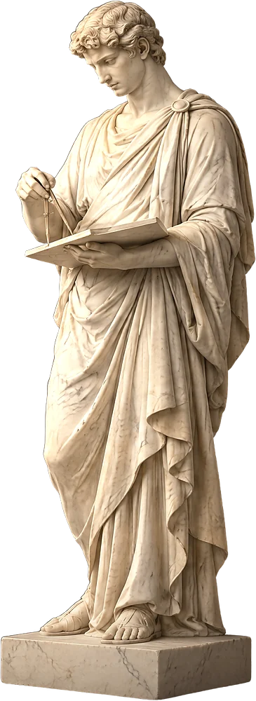 A marble statue of Design, bent over a drawing tablet, a stylus in his hand