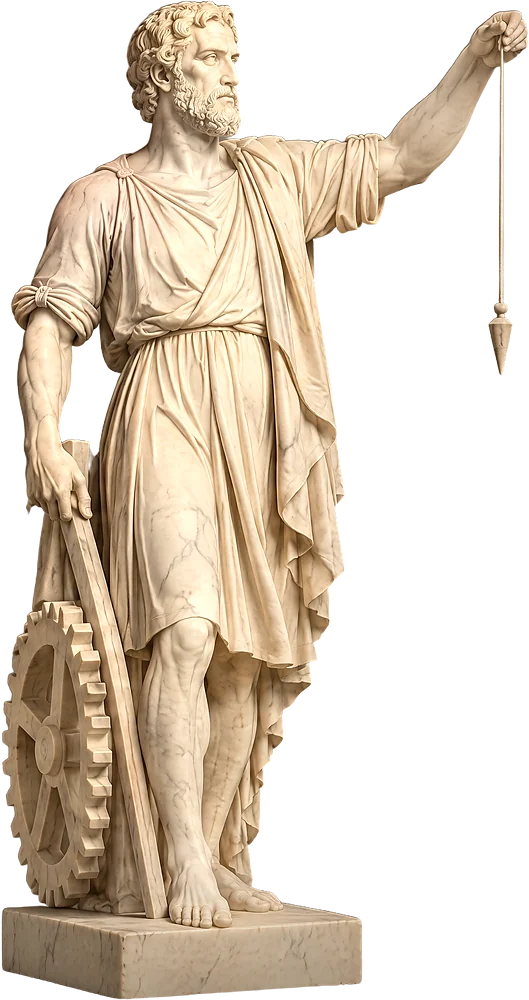 A marble statue of Engineering, a plumb line hanging from his raised hand, a cog at his side