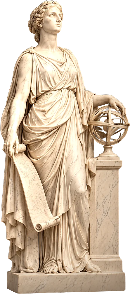A marble statue of Strategy, unrolling a map, her hand on an armillary sphere